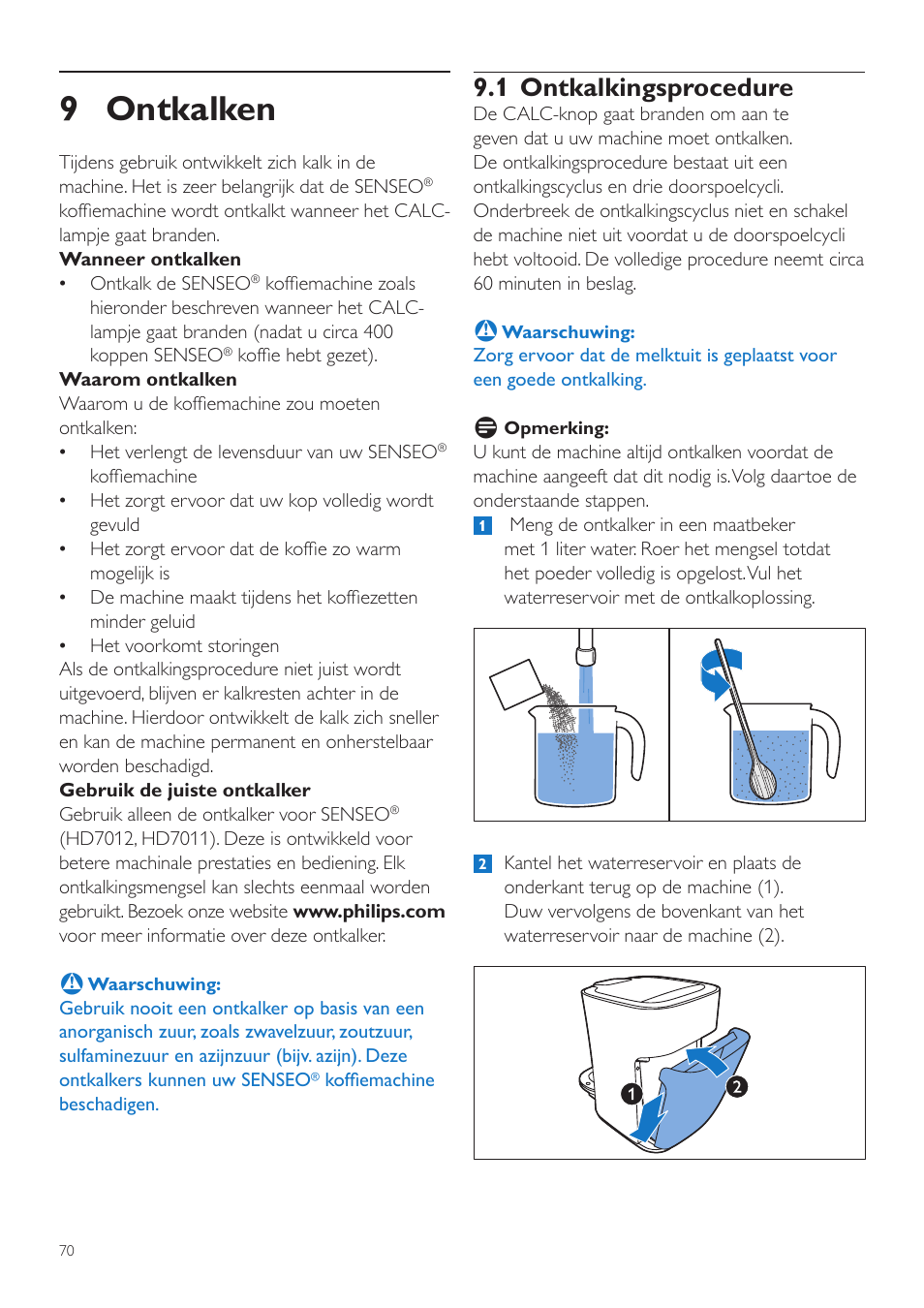 9 ontkalken, 1 ontkalkingsprocedure | Philips SENSEO® Latte Duo Kaffeepadmaschine User Manual | Page 70 / 76