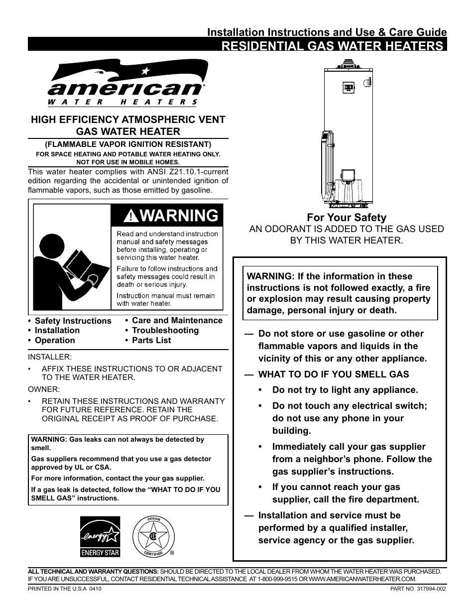 American Water Heater 317994-002 User Manual | 36 pages