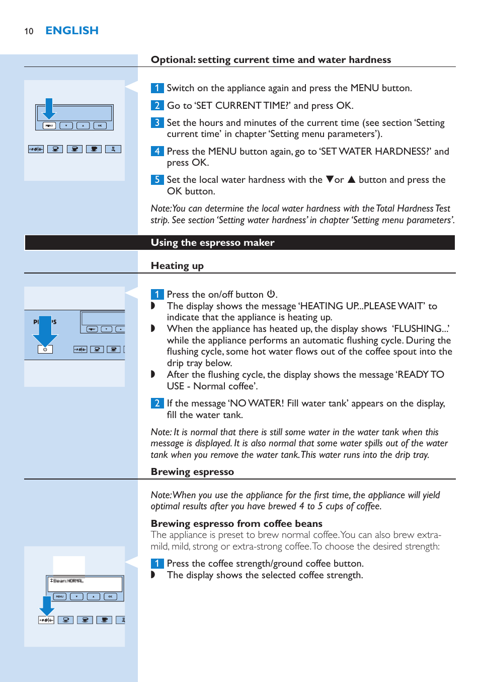 Optional: setting current time and water hardness, Using the espresso maker, Heating up | Brewing espresso, Brewing espresso from coffee beans | Philips Kaffeevollautomat User Manual | Page 10 / 154