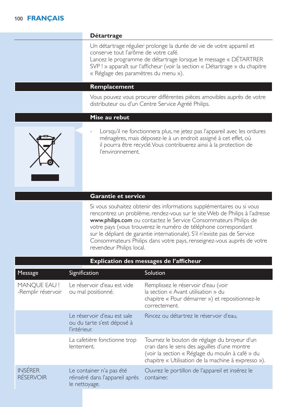 Nettoyage du bec vapeur | Philips Kaffeevollautomat User Manual | Page 100 / 154