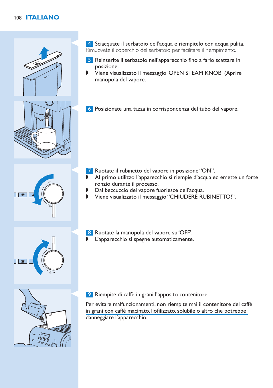 Messa in funzione, Predisposizione dell’apparecchio | Philips Kaffeevollautomat User Manual | Page 108 / 154