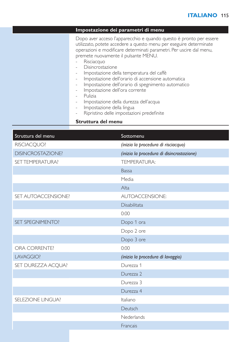Produzione di acqua calda, Regolazione del macinacaffè | Philips Kaffeevollautomat User Manual | Page 115 / 154