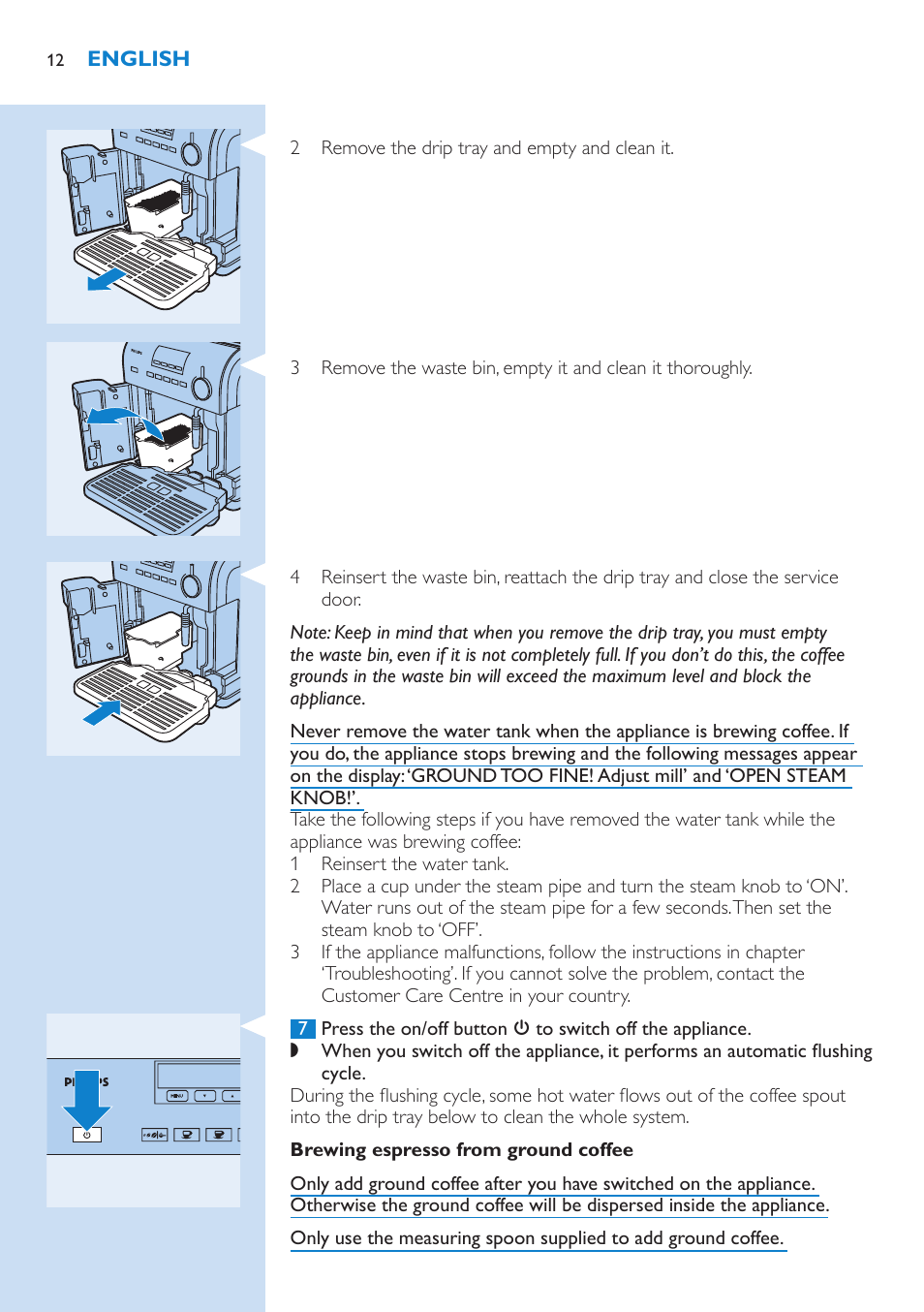 Brewing espresso from ground coffee | Philips Kaffeevollautomat User Manual | Page 12 / 154