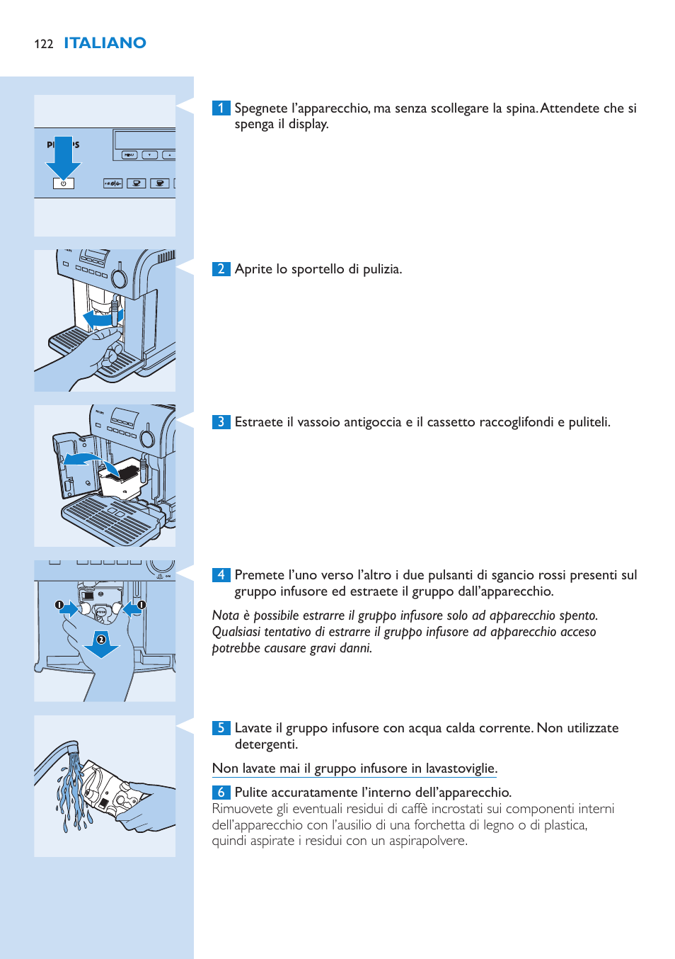 Pulizia, Pulizia dell’apparecchio, Pulizia del gruppo infusore | Philips Kaffeevollautomat User Manual | Page 122 / 154
