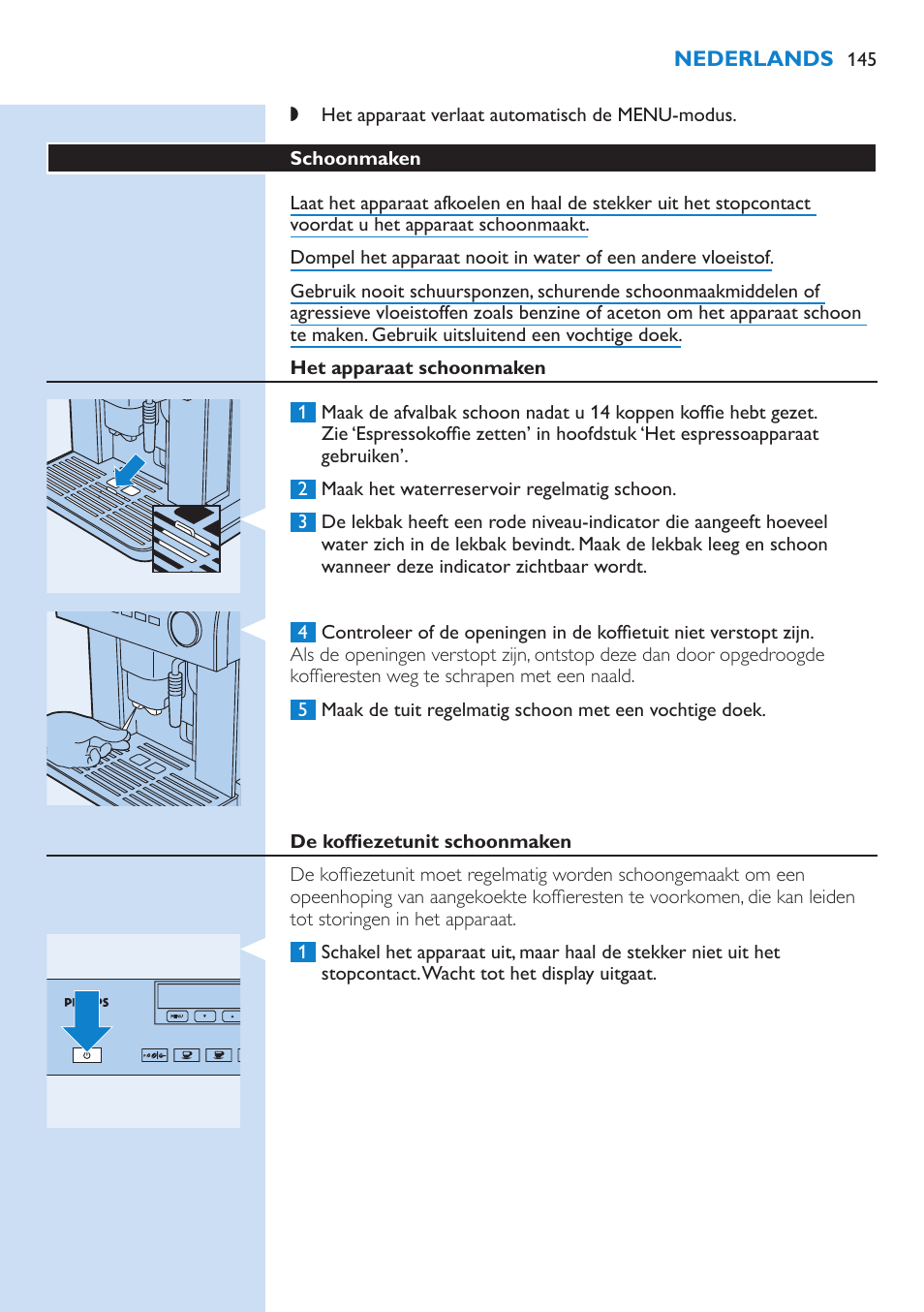 Huidige tijd instellen, Schoonmaken | Philips Kaffeevollautomat User Manual | Page 145 / 154