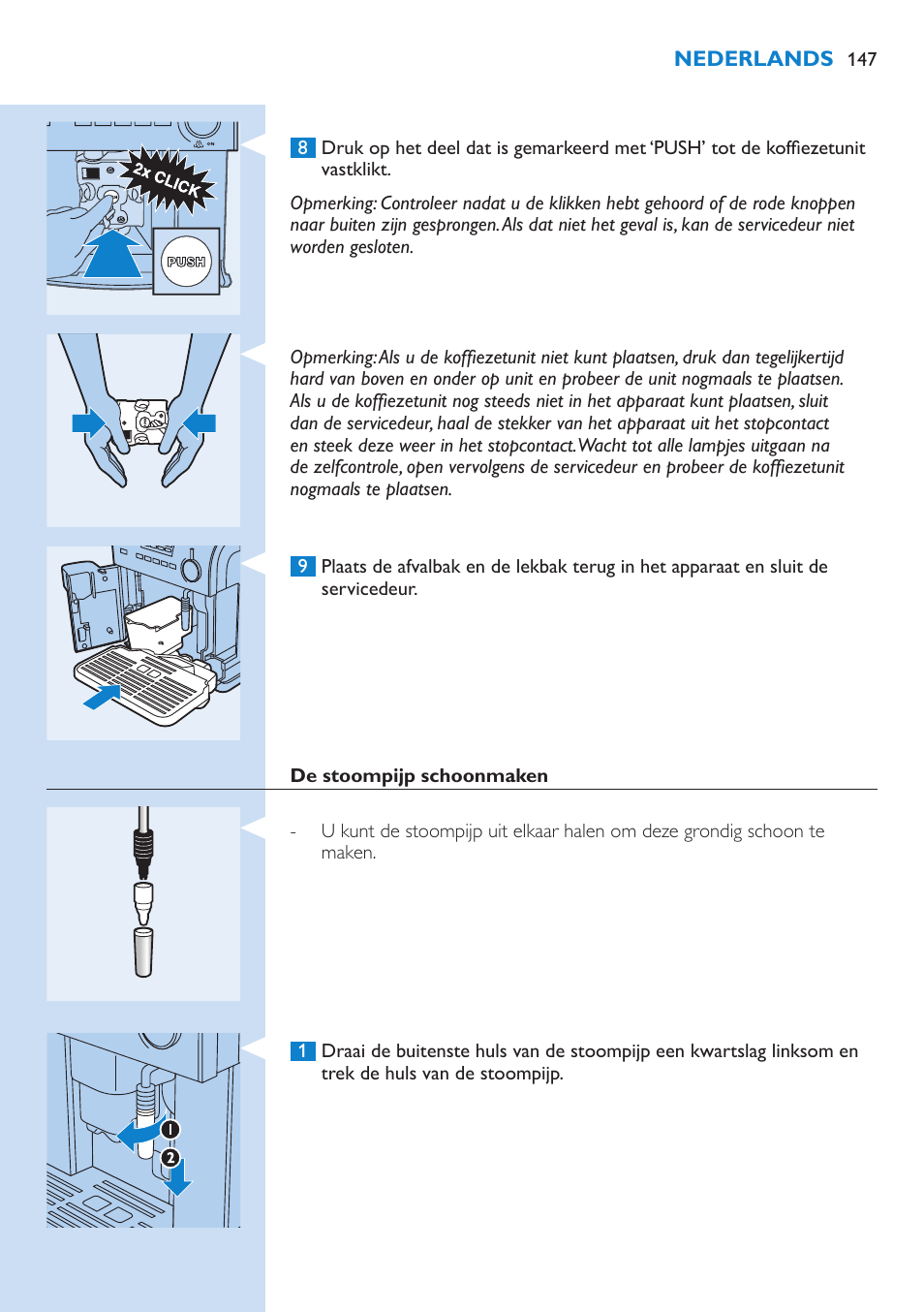Schoonmaken, Het apparaat schoonmaken, De koffiezetunit schoonmaken | Philips Kaffeevollautomat User Manual | Page 147 / 154