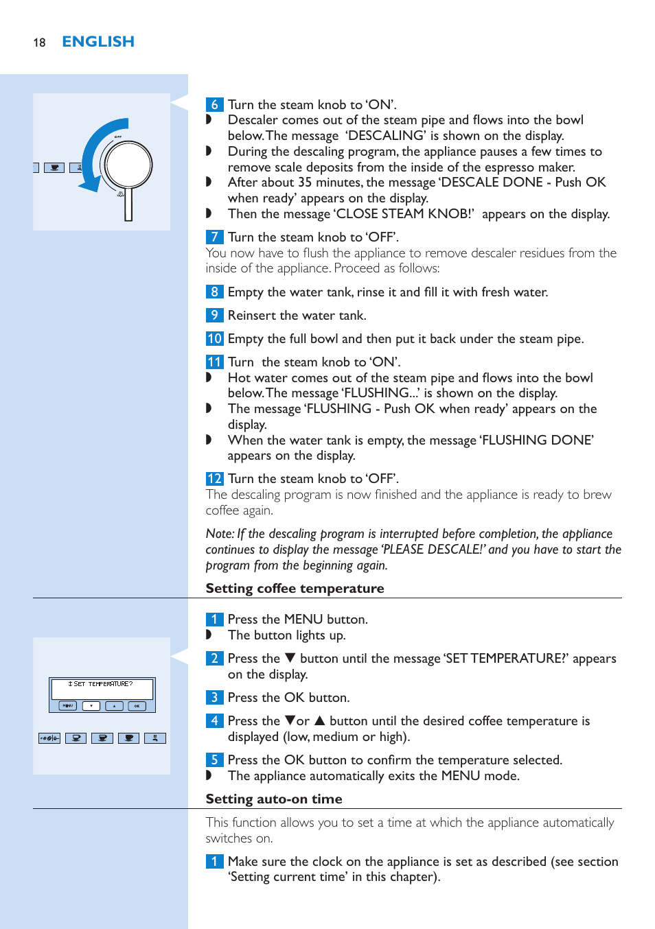 Setting coffee temperature, Setting auto-on time | Philips Kaffeevollautomat User Manual | Page 18 / 154