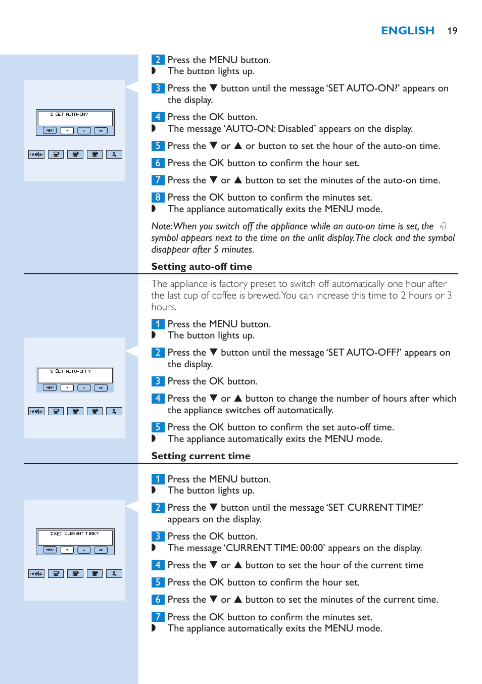 Setting auto-off time, Setting current time | Philips Kaffeevollautomat User Manual | Page 19 / 154