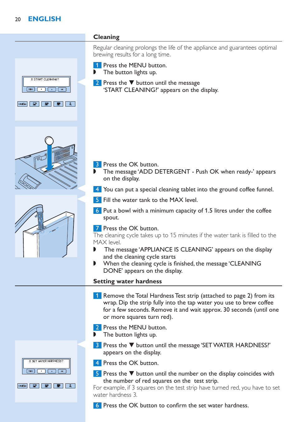 Cleaning, Setting water hardness | Philips Kaffeevollautomat User Manual | Page 20 / 154