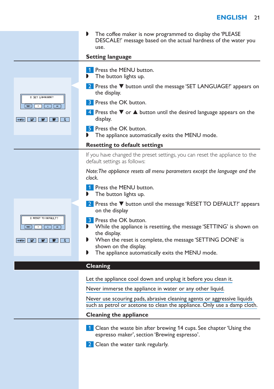 Setting language, Resetting to default settings, Cleaning | Cleaning the appliance | Philips Kaffeevollautomat User Manual | Page 21 / 154