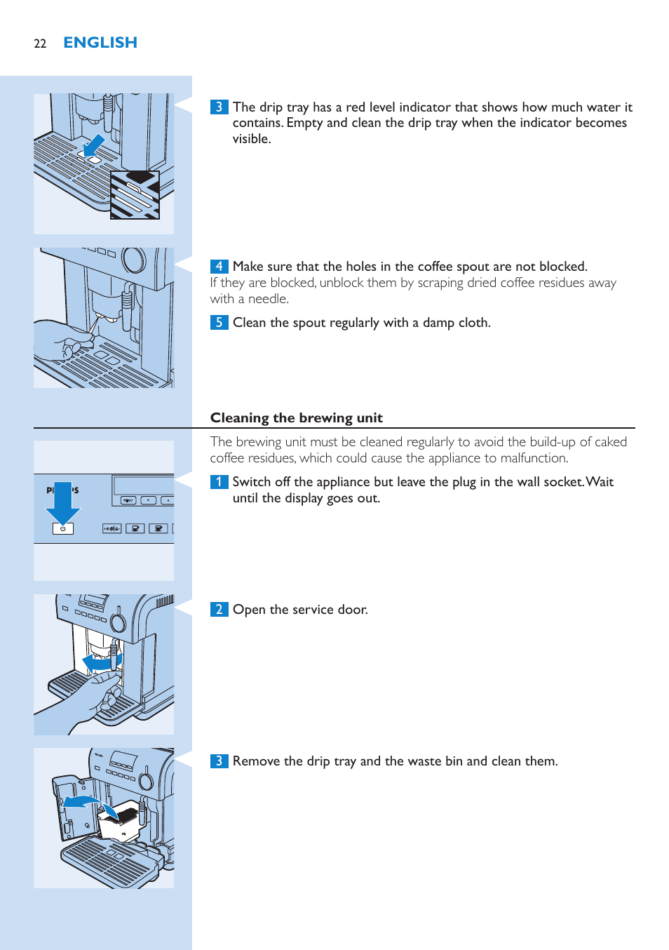 Cleaning the brewing unit | Philips Kaffeevollautomat User Manual | Page 22 / 154