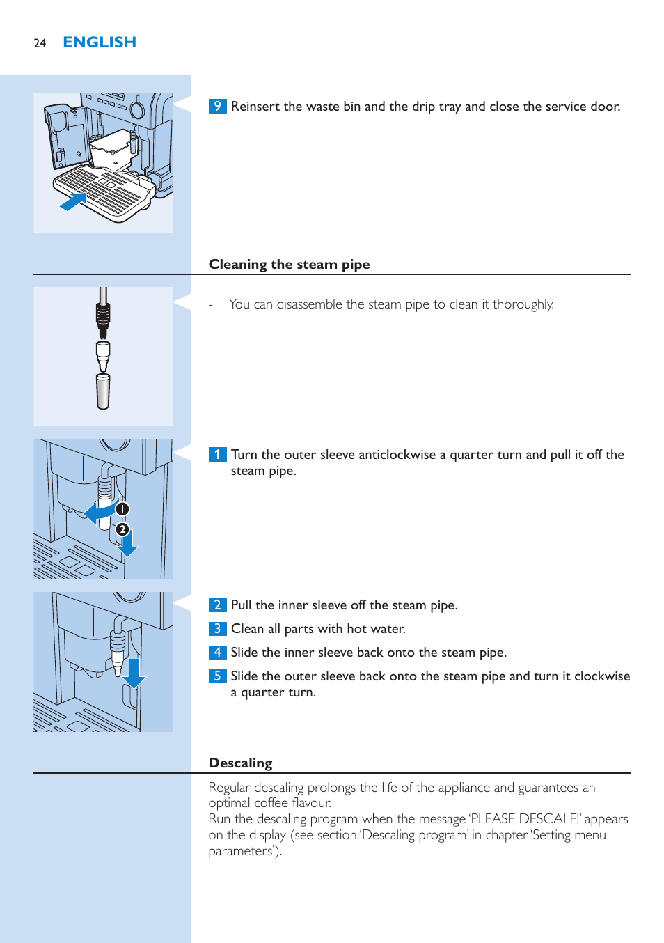 Cleaning the steam pipe, Descaling | Philips Kaffeevollautomat User Manual | Page 24 / 154