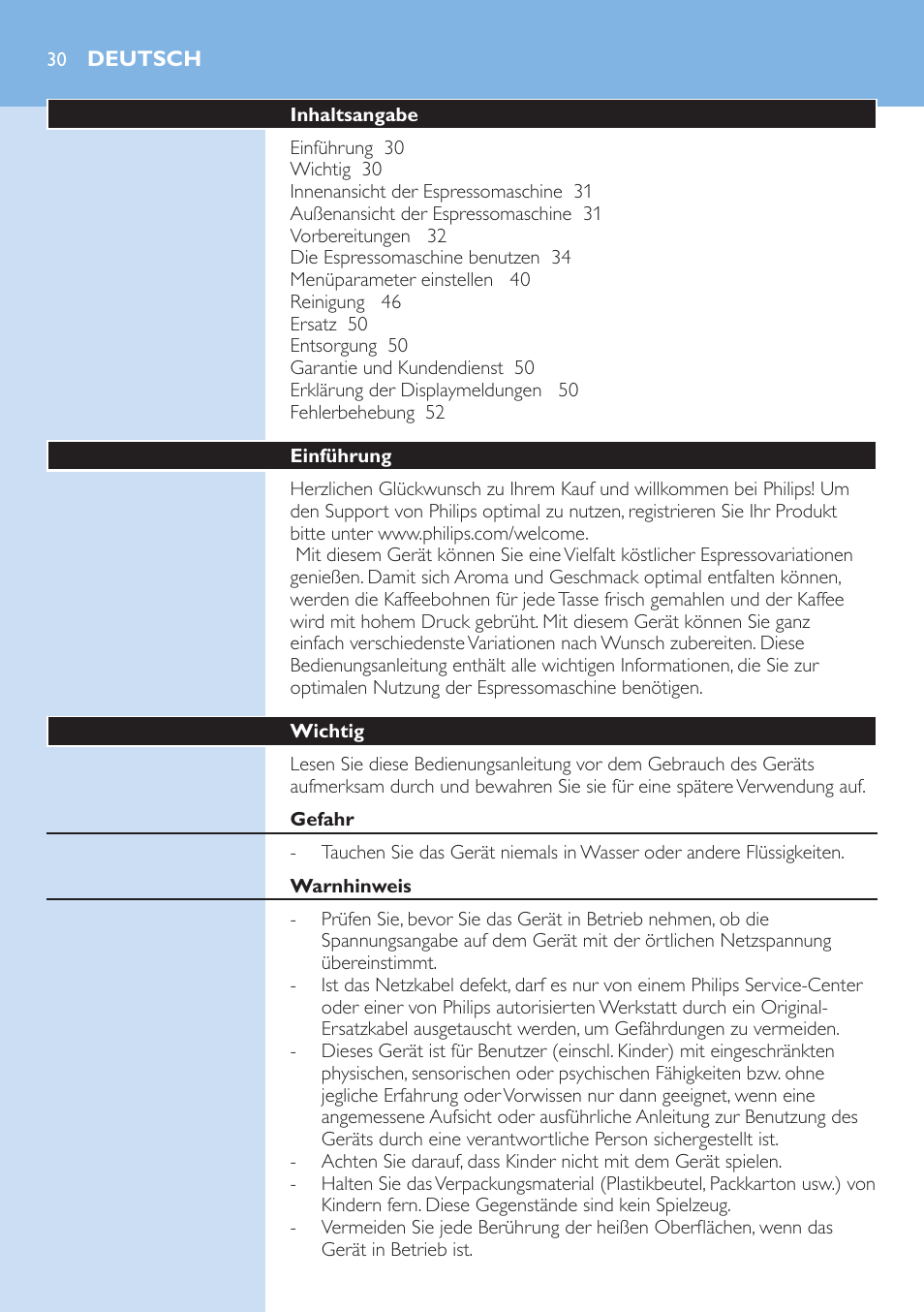 Deutsch, Inhaltsangabe, Einführung | Wichtig, Gefahr, Warnhinweis | Philips Kaffeevollautomat User Manual | Page 30 / 154