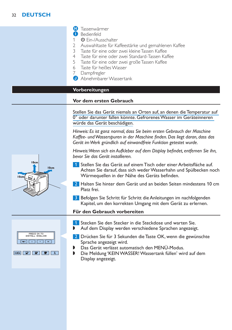 Vorbereitungen, Vor dem ersten gebrauch, Für den gebrauch vorbereiten | Philips Kaffeevollautomat User Manual | Page 32 / 154