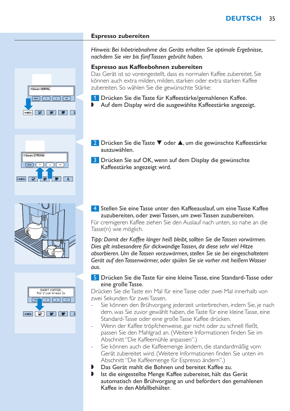 Espresso aus kaffeebohnen zubereiten | Philips Kaffeevollautomat User Manual | Page 35 / 154