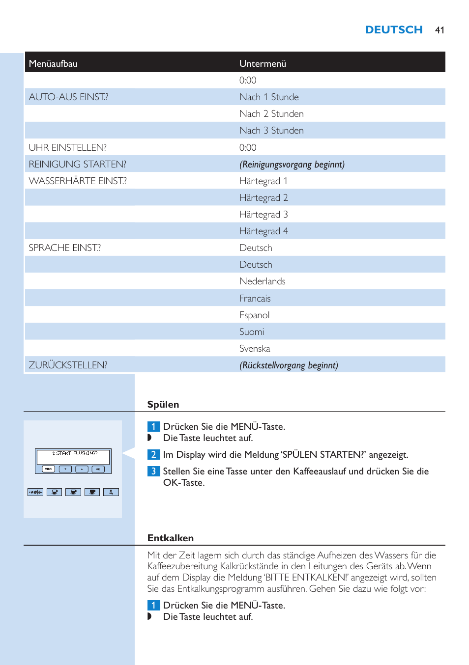 Spülen, Entkalken | Philips Kaffeevollautomat User Manual | Page 41 / 154