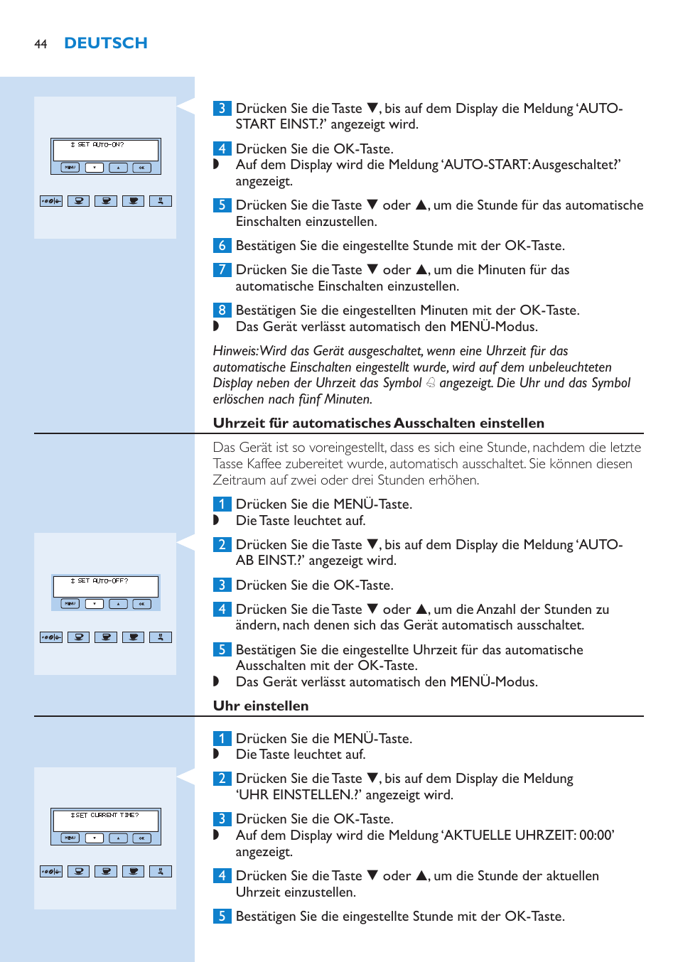 Uhrzeit für automatisches ausschalten einstellen, Uhr einstellen | Philips Kaffeevollautomat User Manual | Page 44 / 154