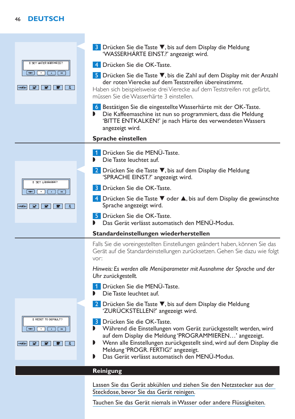 Sprache einstellen, Standardeinstellungen wiederherstellen, Reinigung | Philips Kaffeevollautomat User Manual | Page 46 / 154