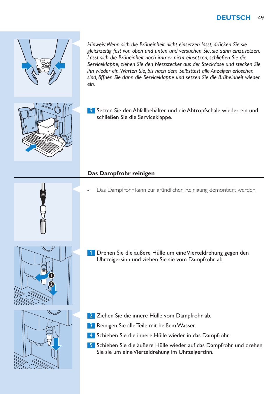 Das dampfrohr reinigen | Philips Kaffeevollautomat User Manual | Page 49 / 154