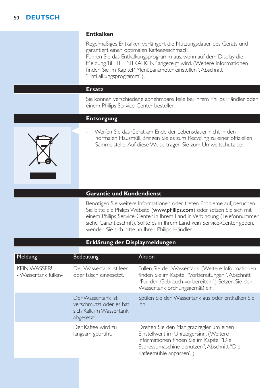 Entkalken, Ersatz, Entsorgung | Garantie und kundendienst, Erklärung der displaymeldungen | Philips Kaffeevollautomat User Manual | Page 50 / 154
