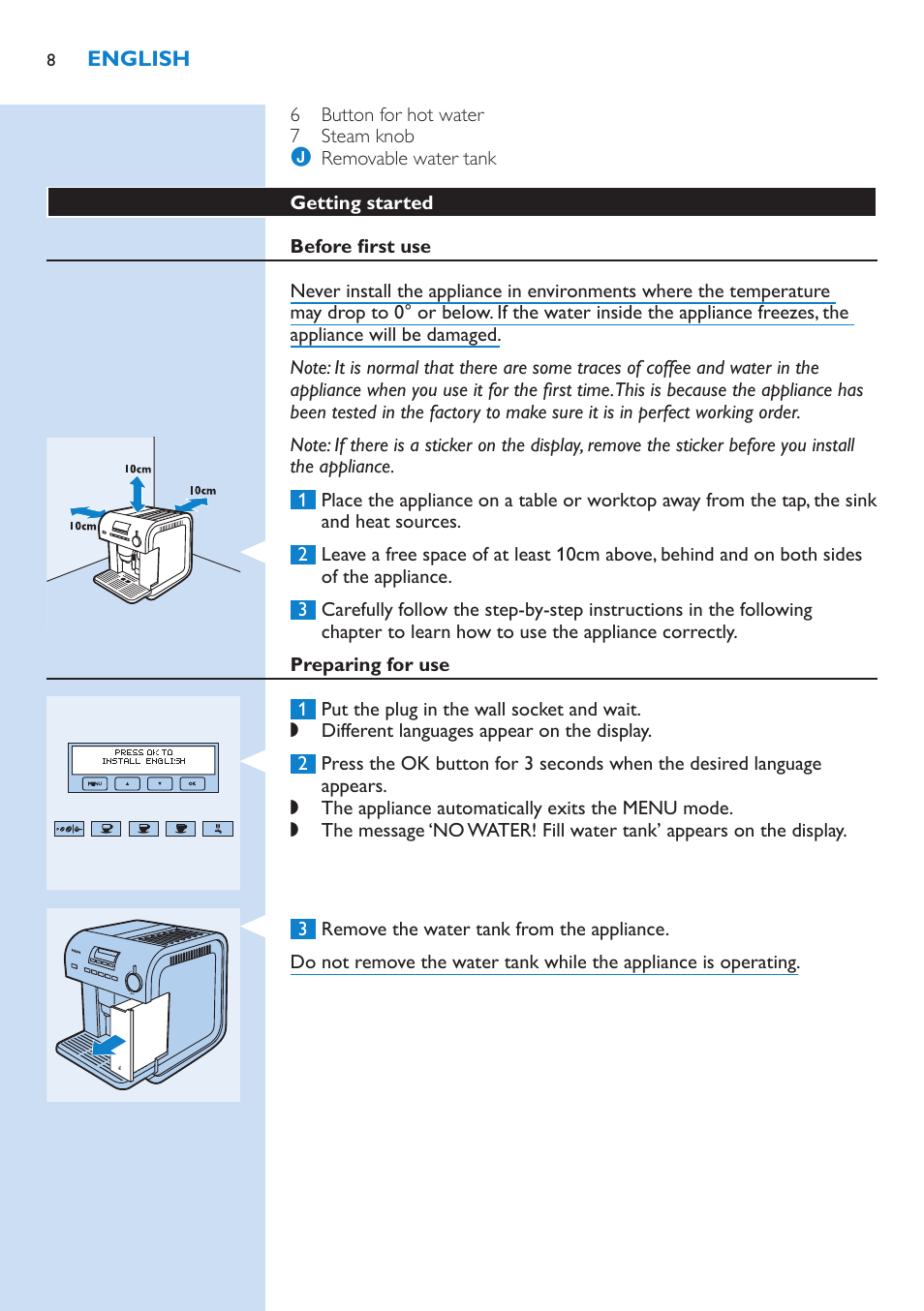 Getting started, Before first use, Preparing for use | Philips Kaffeevollautomat User Manual | Page 8 / 154