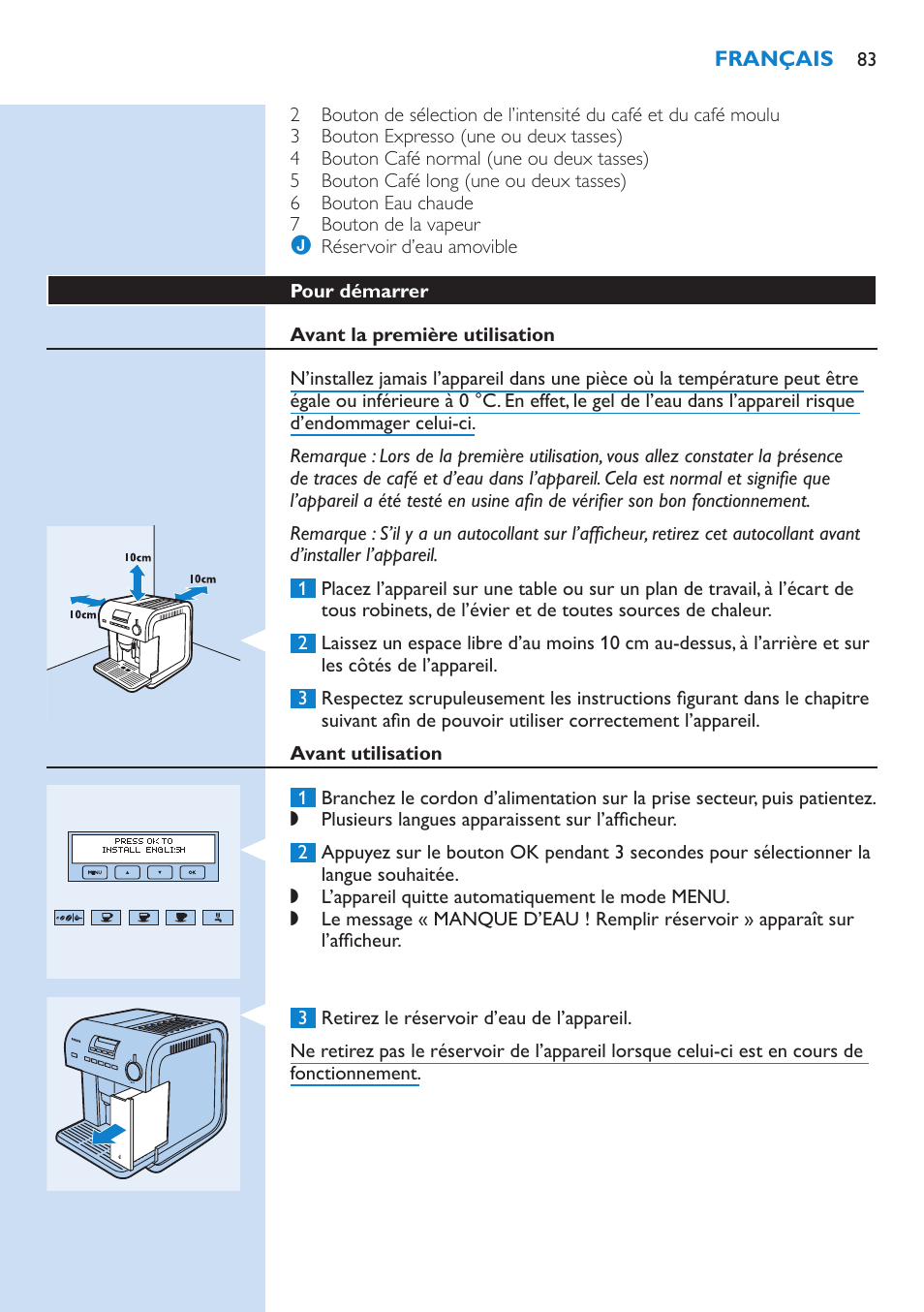 Pour démarrer, Avant la première utilisation, Avant utilisation | Philips Kaffeevollautomat User Manual | Page 83 / 154