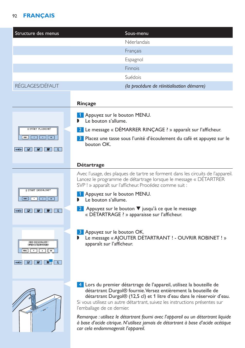 Réglage des paramètres du menu, Structure des menus | Philips Kaffeevollautomat User Manual | Page 92 / 154