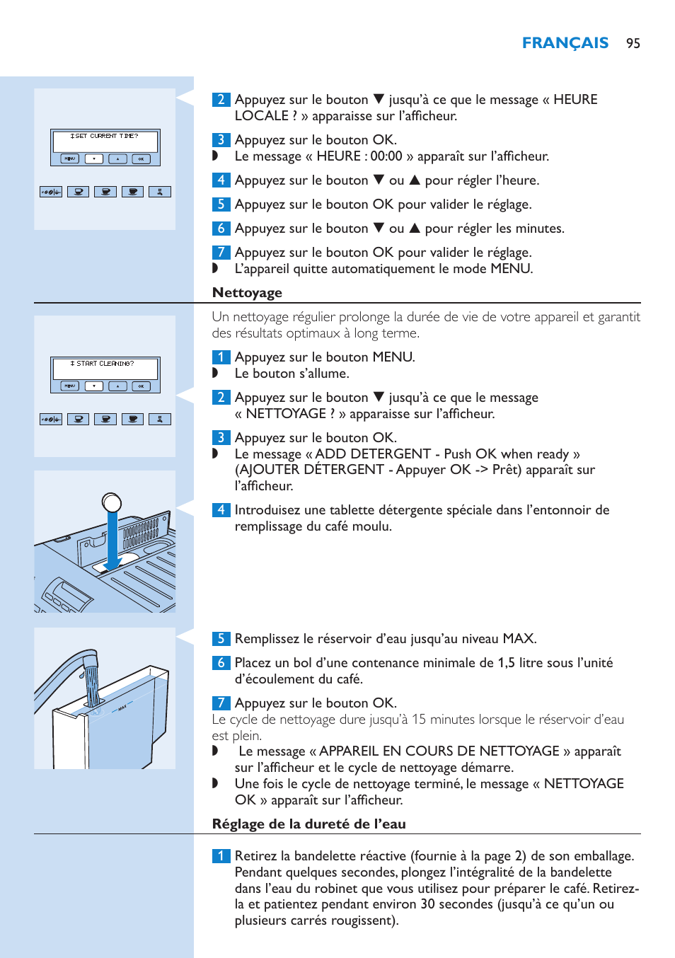 Réglage de la température du café, Réglage de l’heure de mise en route automatique, Réglage de l’heure d’arrêt automatique | Philips Kaffeevollautomat User Manual | Page 95 / 154