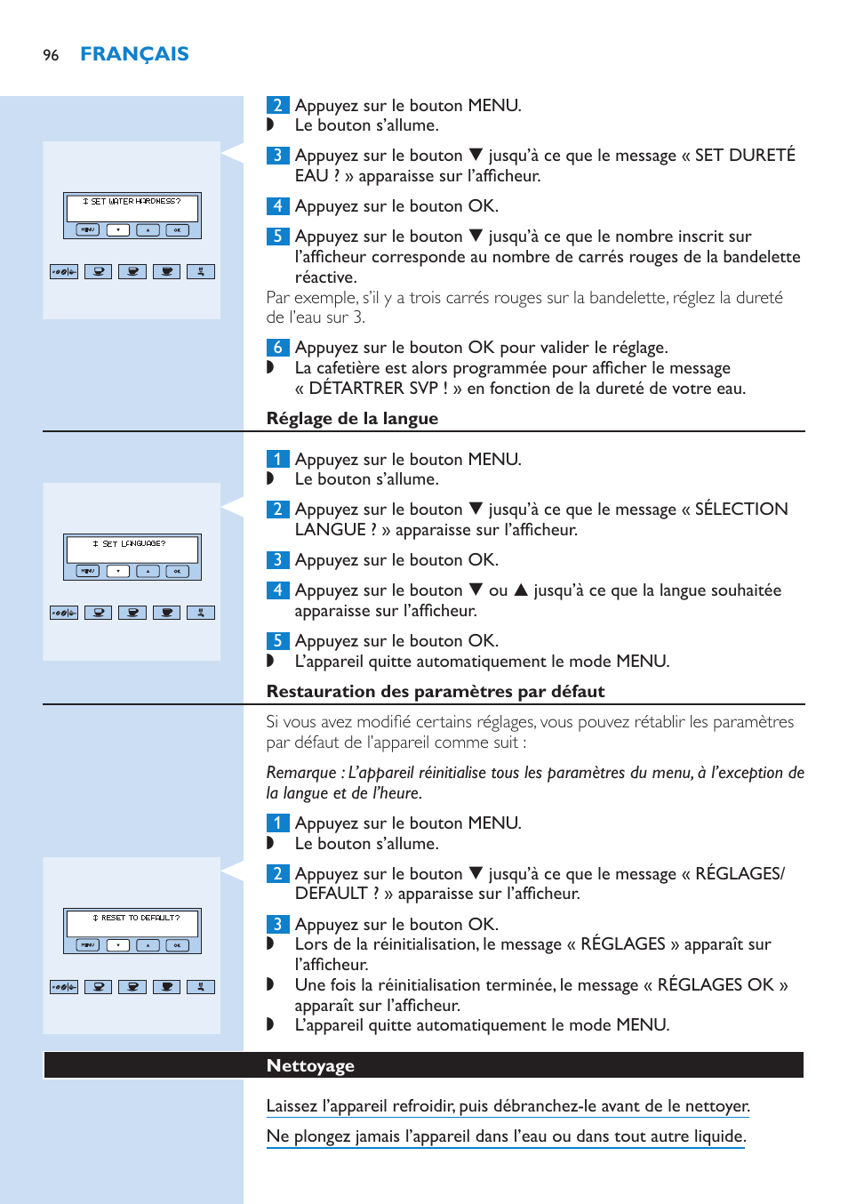 Réglage de l’heure, Nettoyage | Philips Kaffeevollautomat User Manual | Page 96 / 154
