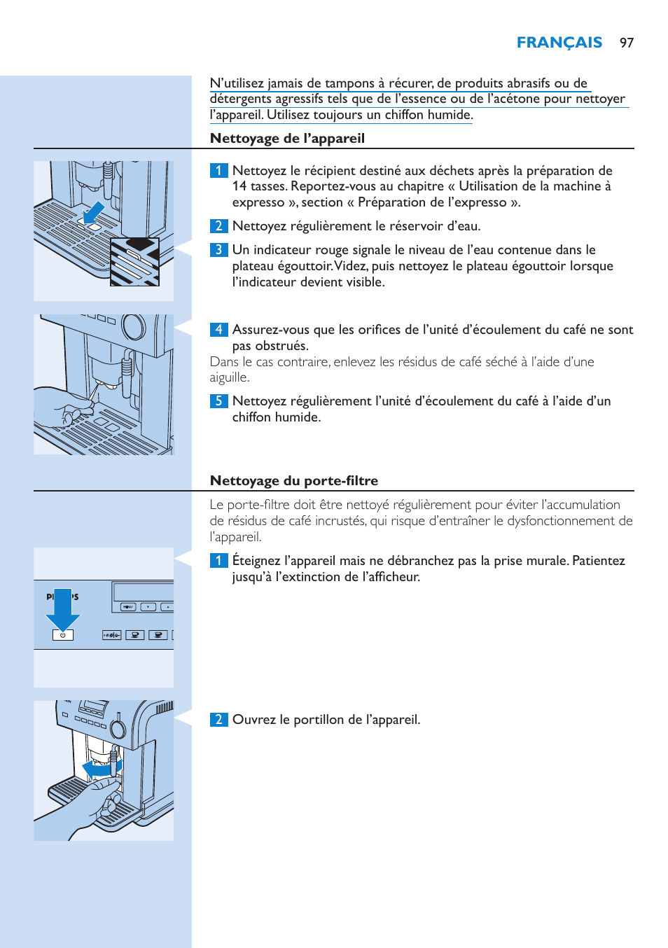 Réglage de la dureté de l’eau, Réglage de la langue, Restauration des paramètres par défaut | Philips Kaffeevollautomat User Manual | Page 97 / 154