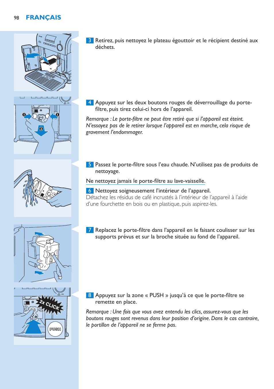 Nettoyage, Nettoyage de l’appareil, Nettoyage du porte-filtre | Philips Kaffeevollautomat User Manual | Page 98 / 154