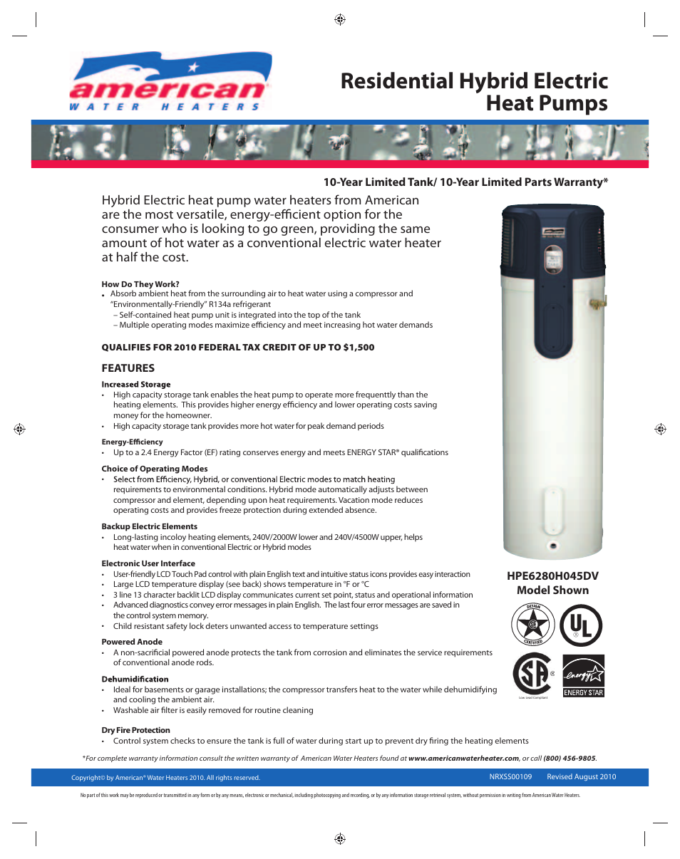 American Water Heater HPE6280H045DV User Manual | 2 pages