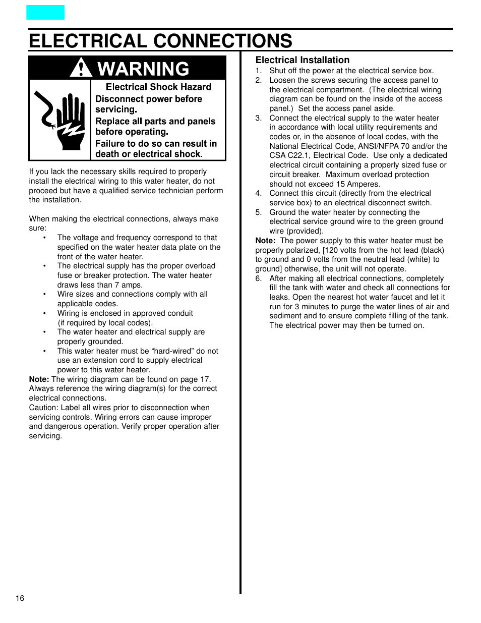 Electrical connections | American Water Heater DCG User Manual | Page 16 / 26