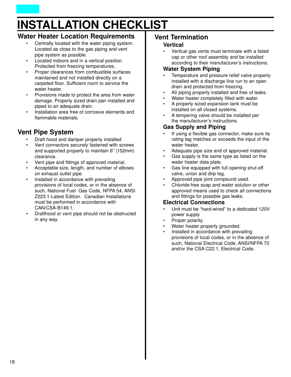 Installation checklist, Water heater location requirements, Vent pipe system | Vent termination | American Water Heater DCG User Manual | Page 18 / 26