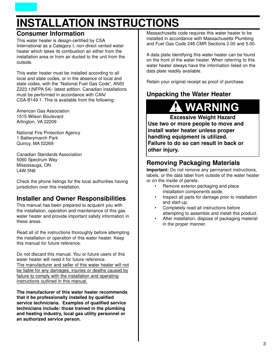 Installation instructions -5, Unpacking the water heater, Installation instructions | Consumer information, Installer and owner responsibilities | American Water Heater DCG User Manual | Page 3 / 26