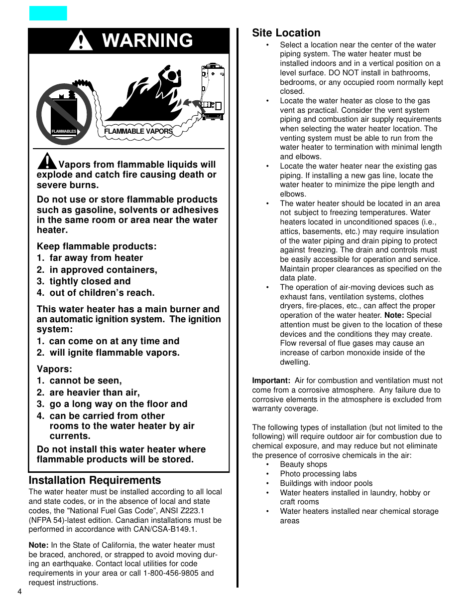 Installation requirements, Site location | American Water Heater DCG User Manual | Page 4 / 26