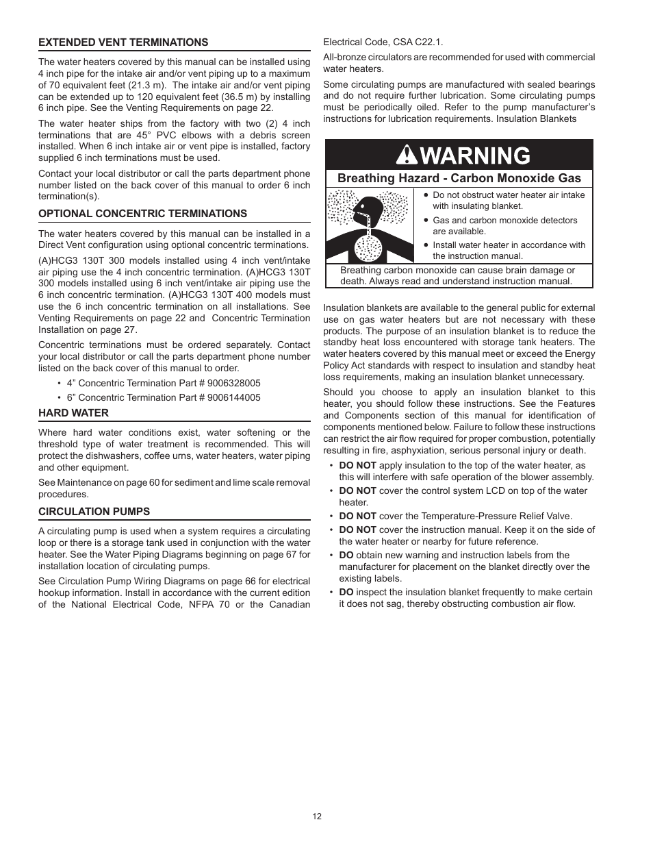 Breathing hazard - carbon monoxide gas | American Water Heater HCG3 130T 300 User Manual | Page 12 / 76