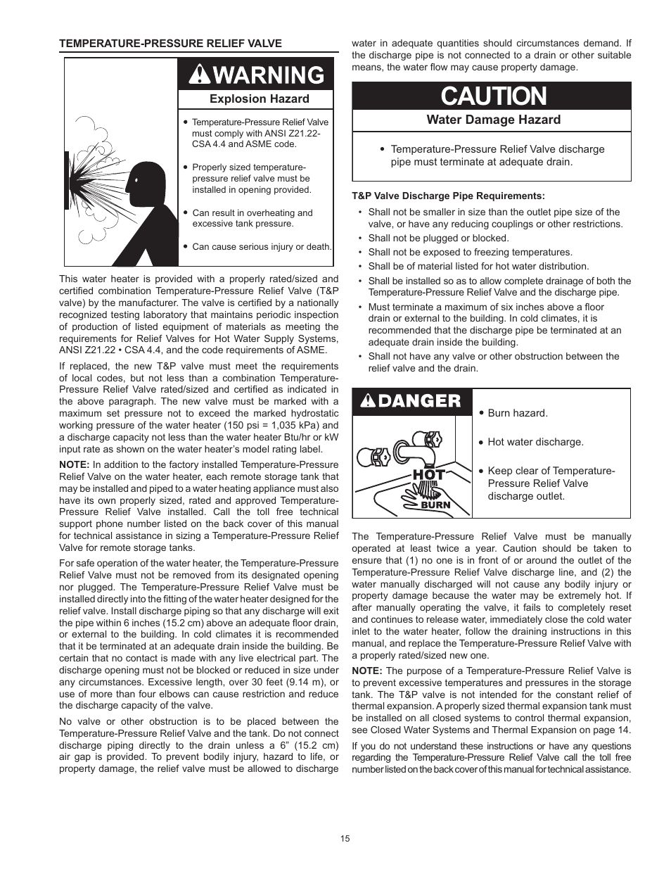 Caution, Water damage hazard | American Water Heater HCG3 130T 300 User Manual | Page 15 / 76