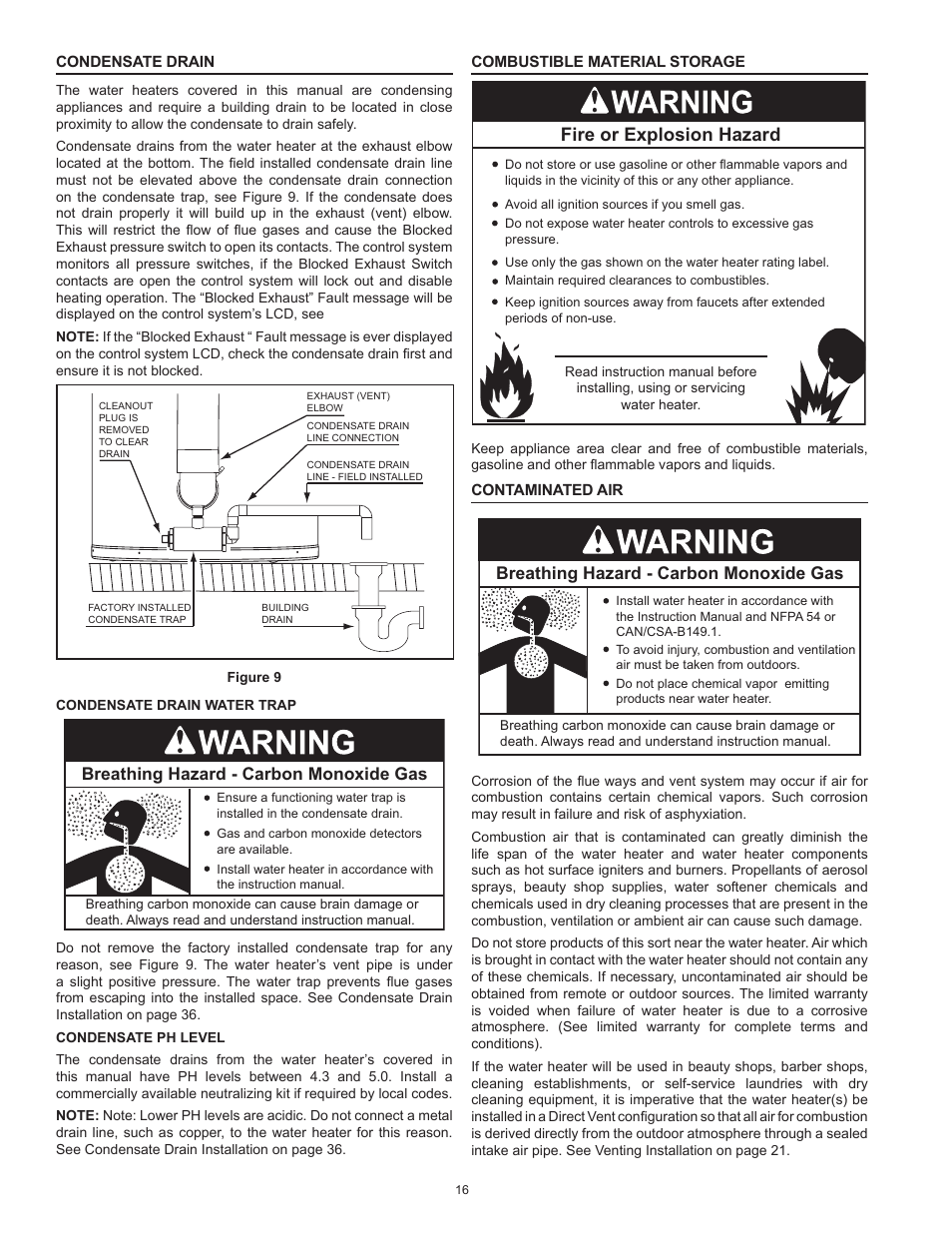 Fire or explosion hazard, Breathing hazard - carbon monoxide gas | American Water Heater HCG3 130T 300 User Manual | Page 16 / 76