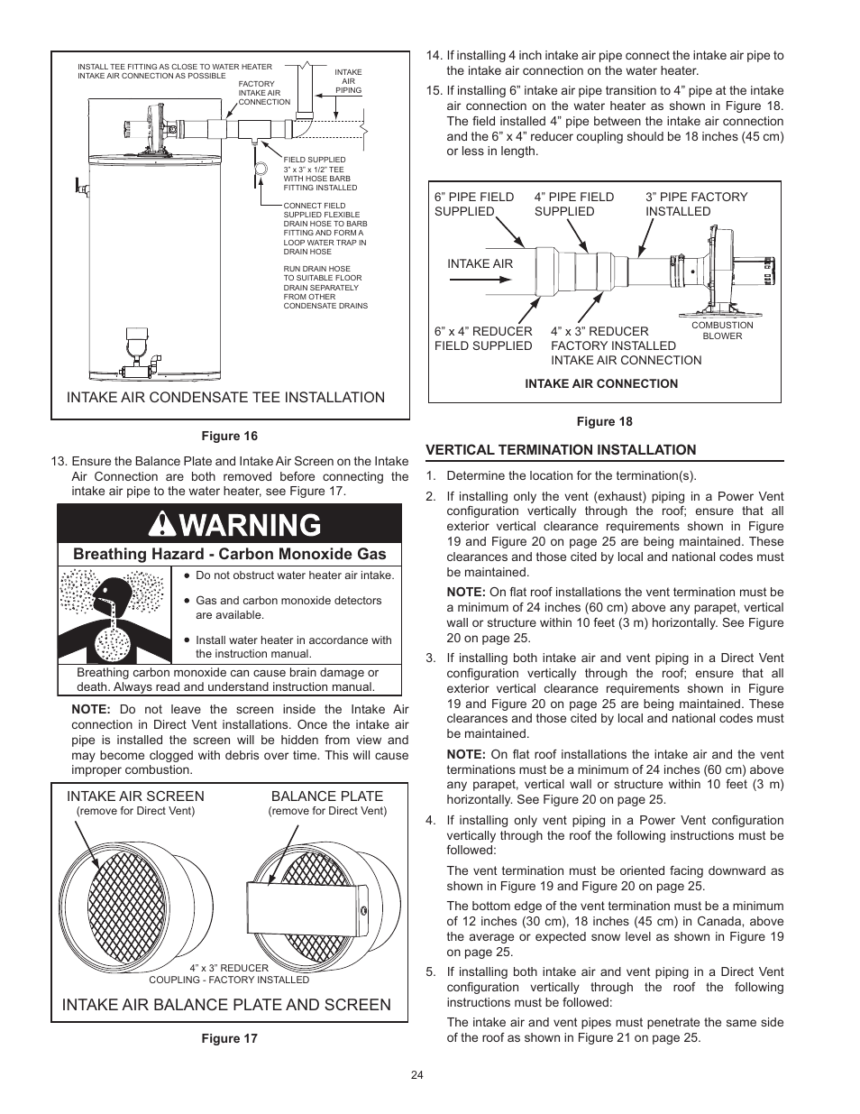 Breathing hazard - carbon monoxide gas, Intake air balance plate and screen, Intake air condensate tee installation | American Water Heater HCG3 130T 300 User Manual | Page 24 / 76