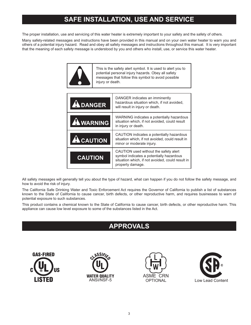 Safe installation, use and service, Approvals, Danger warning caution caution | American Water Heater HCG3 130T 300 User Manual | Page 3 / 76