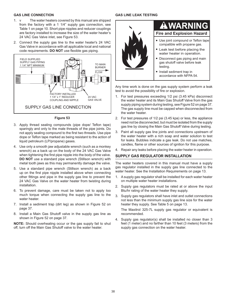 Supply gas line connection | American Water Heater HCG3 130T 300 User Manual | Page 38 / 76