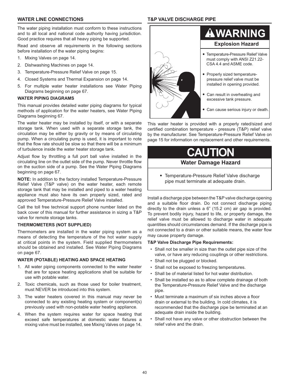 Caution, Water damage hazard | American Water Heater HCG3 130T 300 User Manual | Page 40 / 76