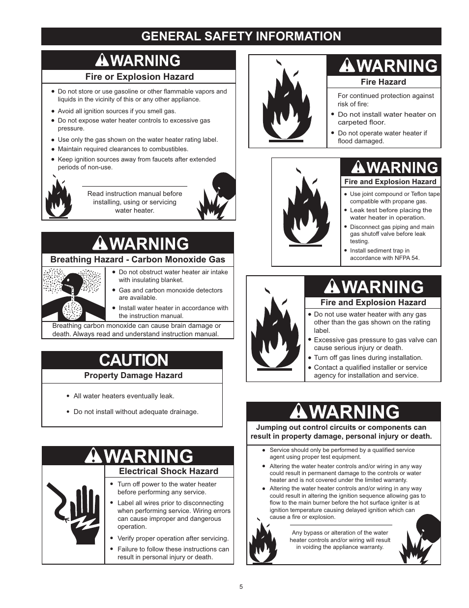 Caution, General safety information, Fire or explosion hazard | Breathing hazard - carbon monoxide gas | American Water Heater HCG3 130T 300 User Manual | Page 5 / 76