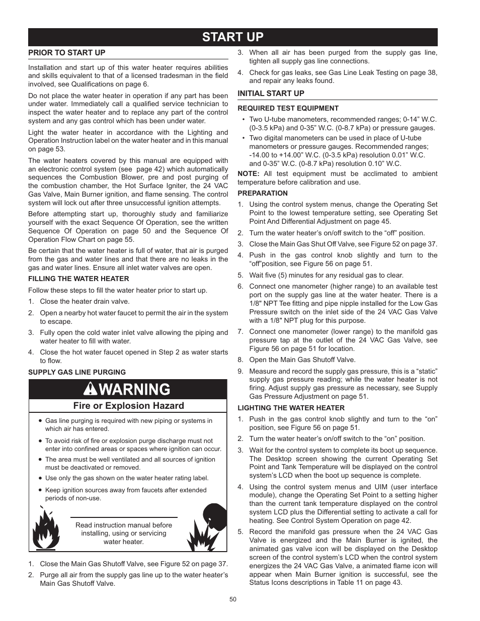 Start up, Fire or explosion hazard | American Water Heater HCG3 130T 300 User Manual | Page 50 / 76