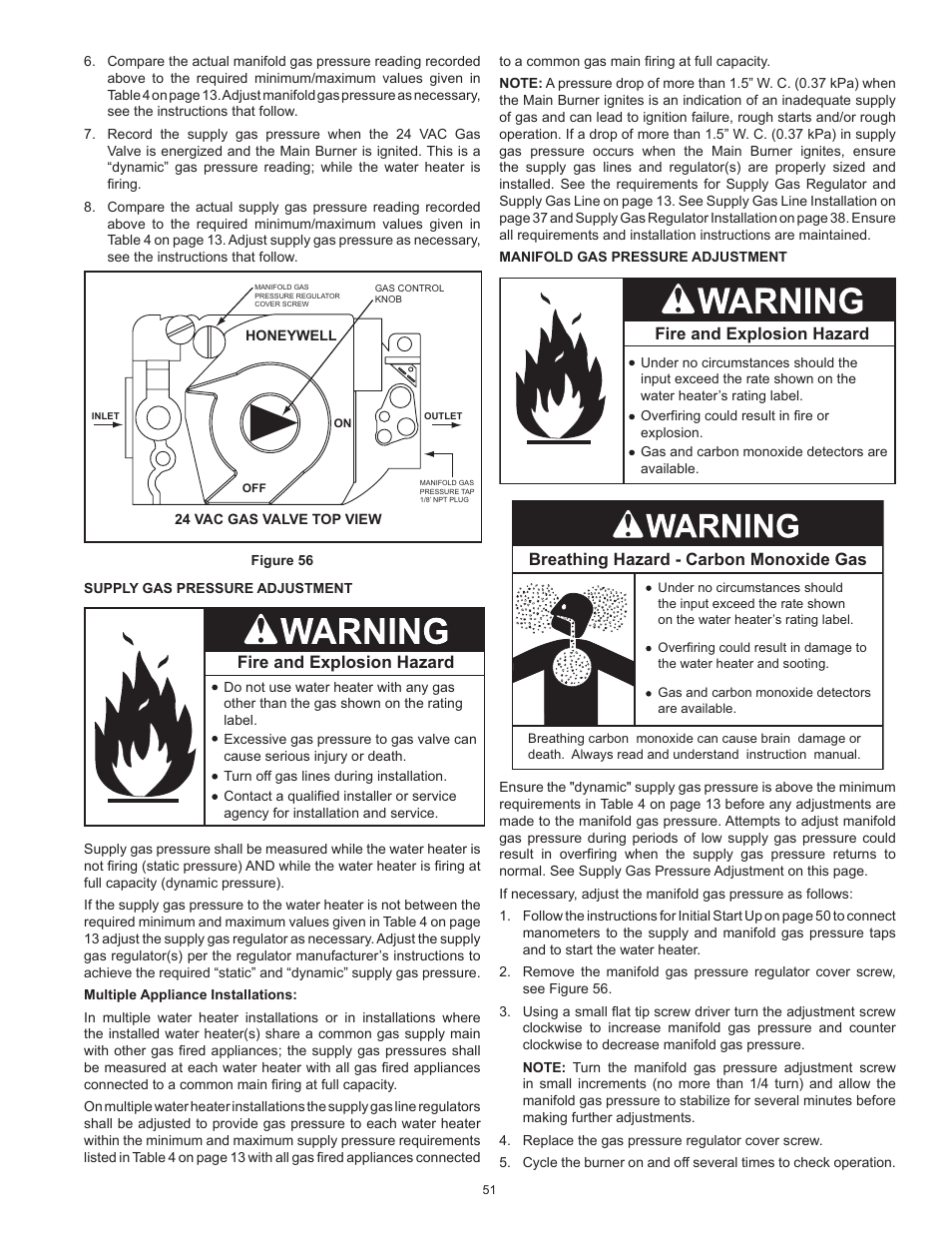 Fire and explosion hazard, Breathing hazard - carbon monoxide gas | American Water Heater HCG3 130T 300 User Manual | Page 51 / 76