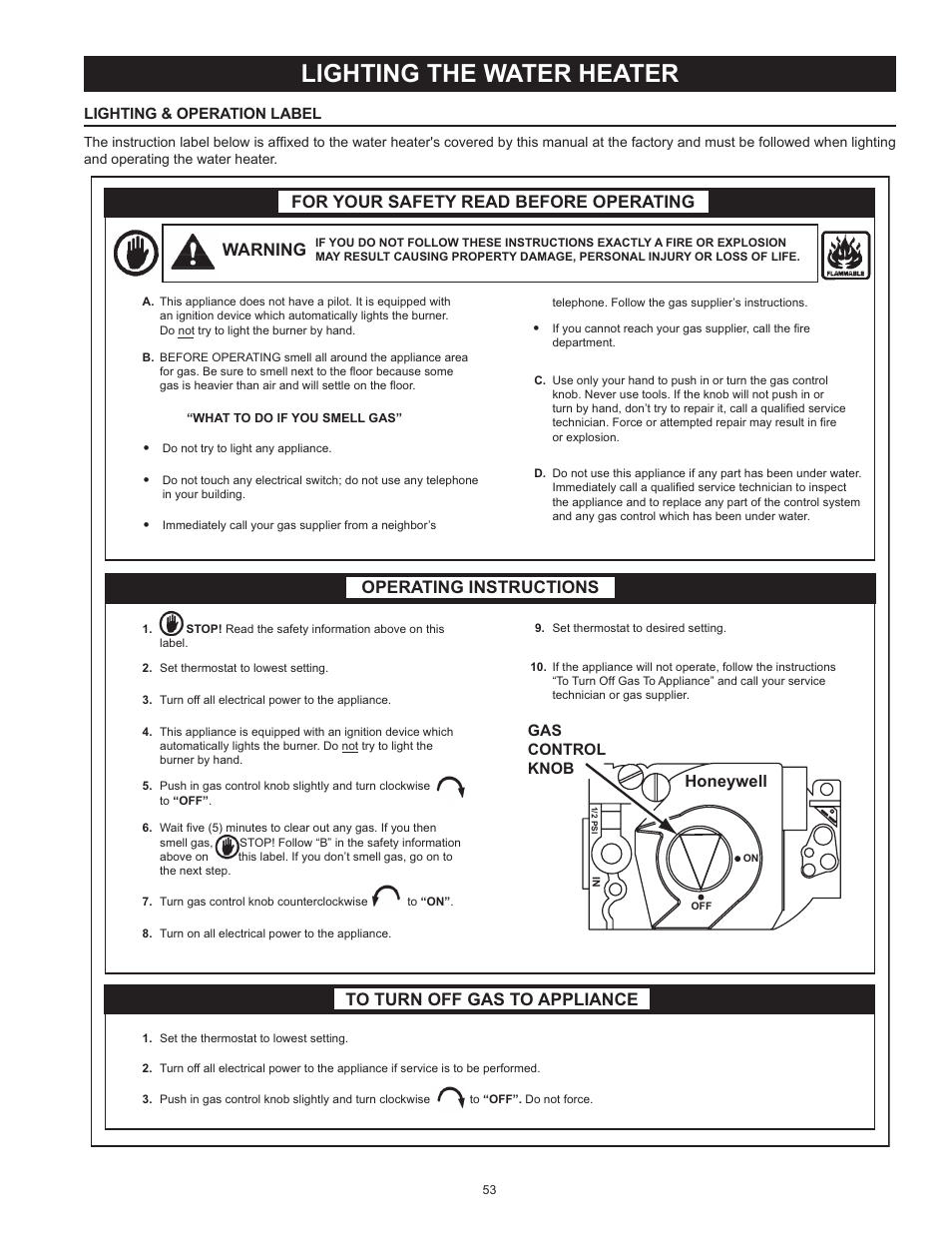 Lighting the water heater, Warning, Honeywell | American Water Heater HCG3 130T 300 User Manual | Page 53 / 76