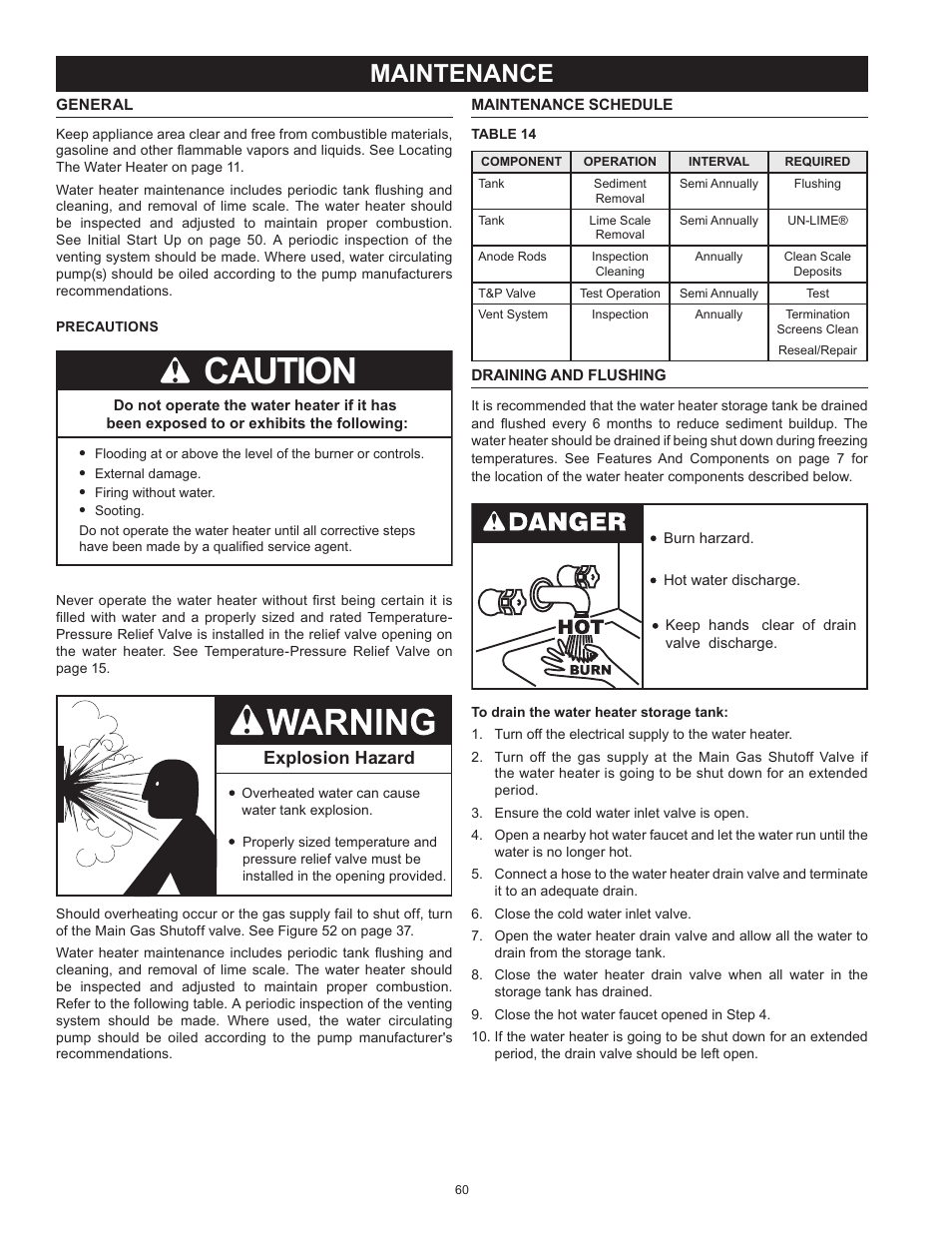 Caution, Maintenance, Explosion hazard | American Water Heater HCG3 130T 300 User Manual | Page 60 / 76