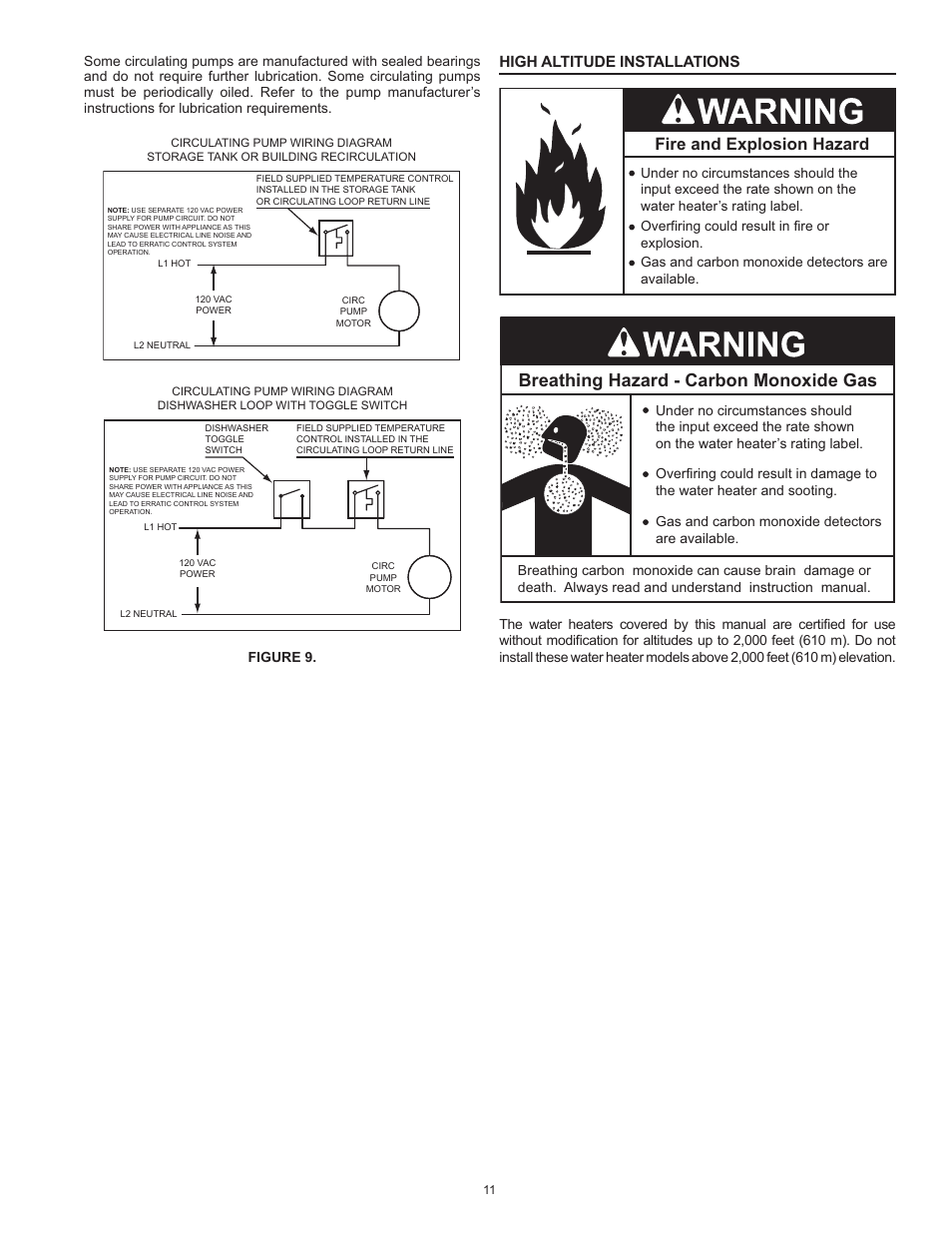 High altitude installations, Breathing hazard - carbon monoxide gas, Fire and explosion hazard | Figure 9 | American Water Heater BCL3 85T390 6NOX User Manual | Page 11 / 52