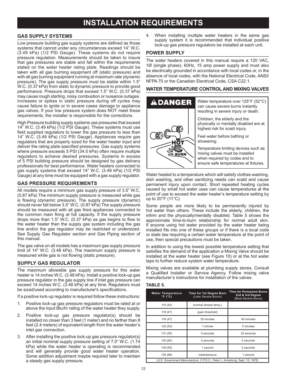 Installation requirements, Gas supply systems, Gas pressure requirements | Supply gas regulator, Power supply, Water temperature control and mixing valves | American Water Heater BCL3 85T390 6NOX User Manual | Page 12 / 52